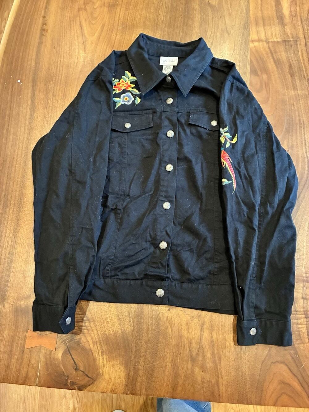 YI LIN WOMEN'S DENIM JACKET Y2K Asian EMBROIDERED BLACK LARGE
